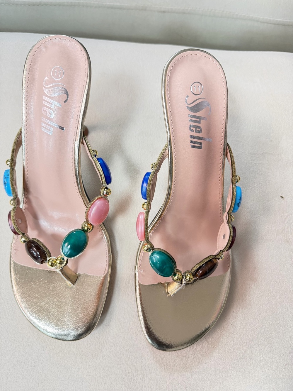 SHEIN Gold Slide Heels with Multicolor Gem Accents